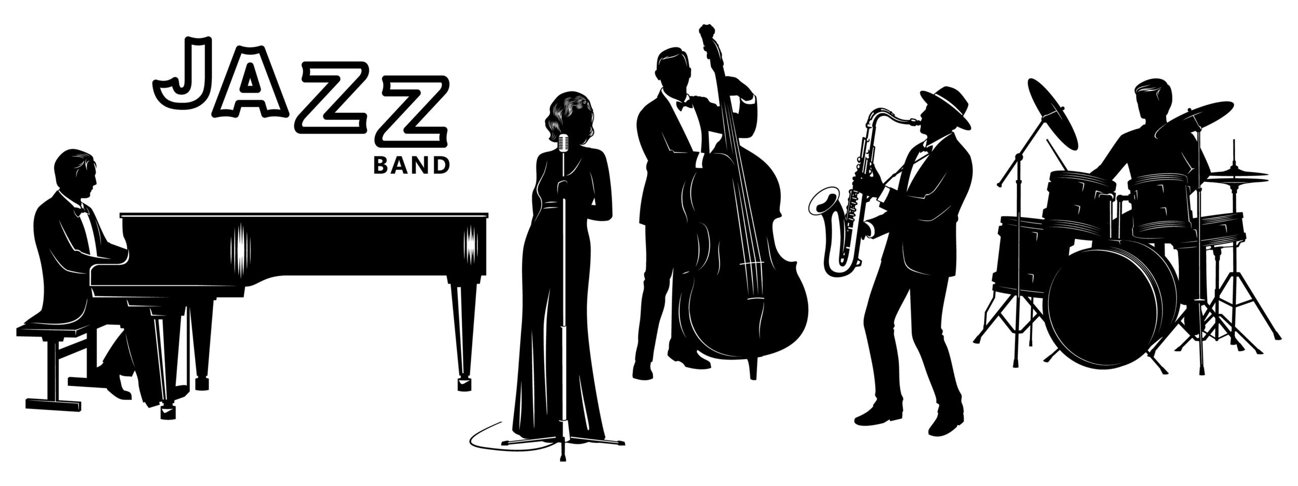 Jazz,Band,Silhouettes,Set.,Pianist,,Singer,,Double,Bassist,,Saxophonist,,Drummer.