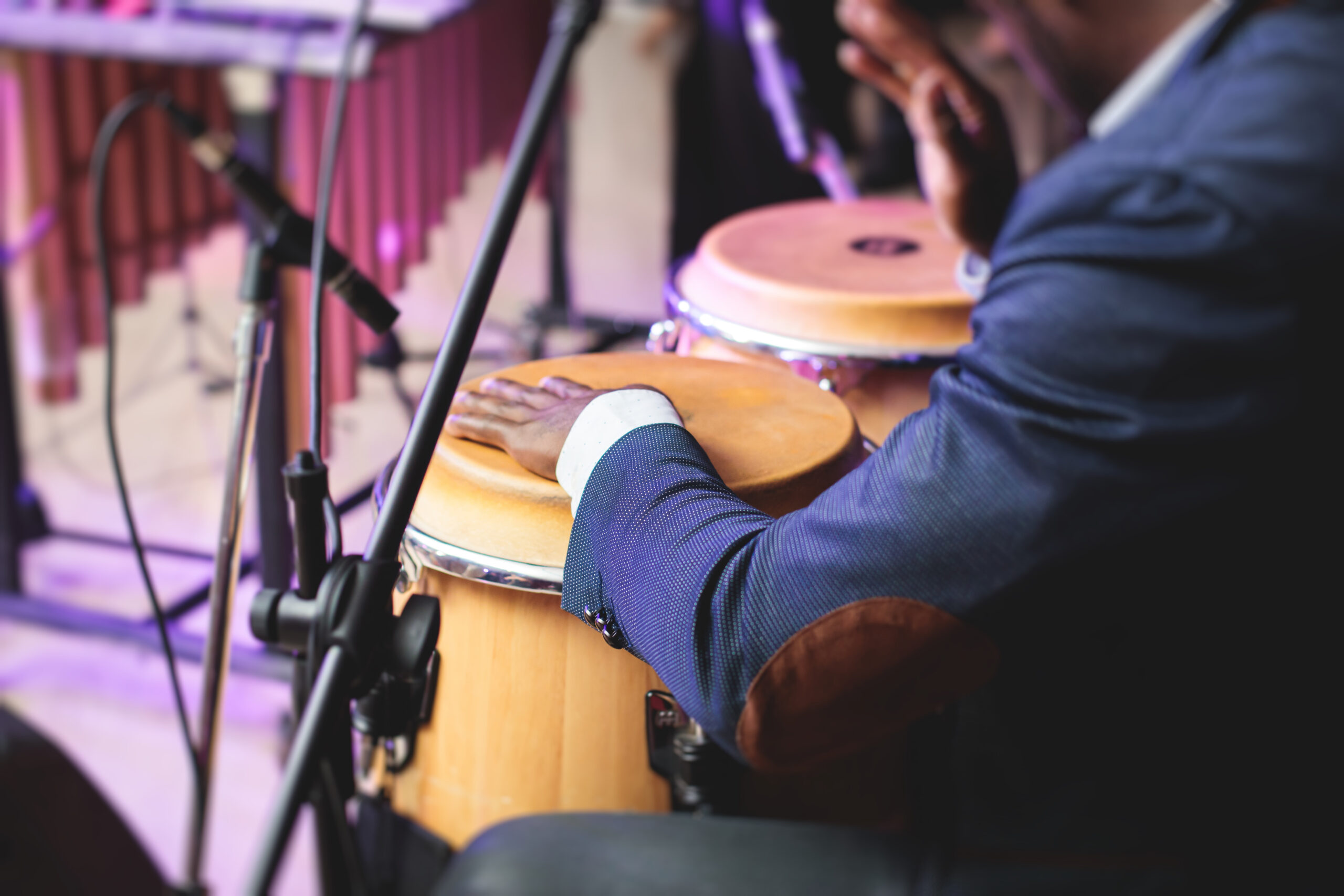 Bongo,Drummer,Percussionist,Performing,On,A,Stage,With,Conga,Drums